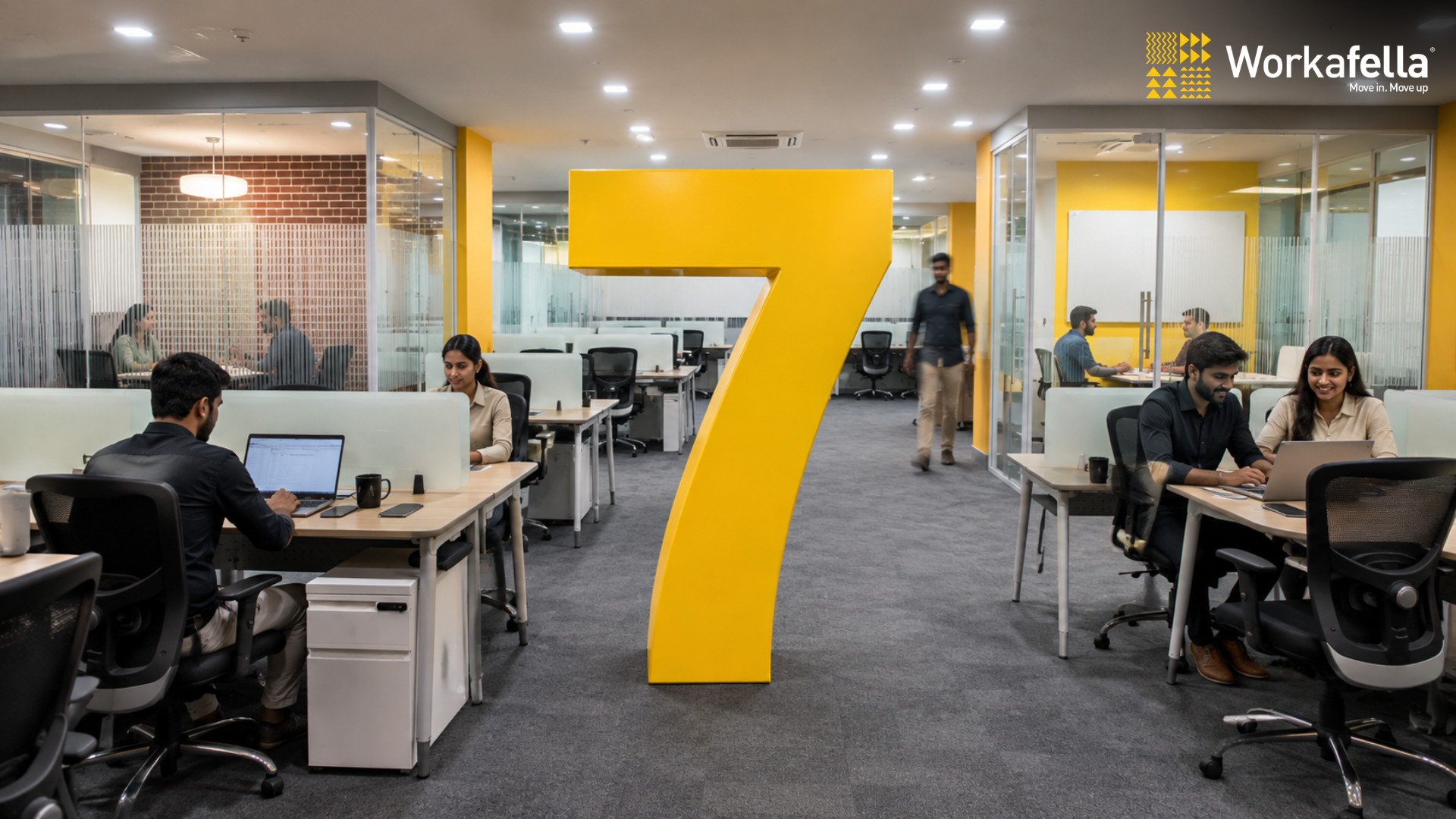 Modern Workafella coworking space in HITEC City Hyderabad with premium office interiors, workstations, meeting spaces, and business amenities.